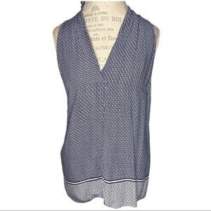 Ava Christine Geometric Print V-Neck Sleeveless Blouse Blue White Size Large